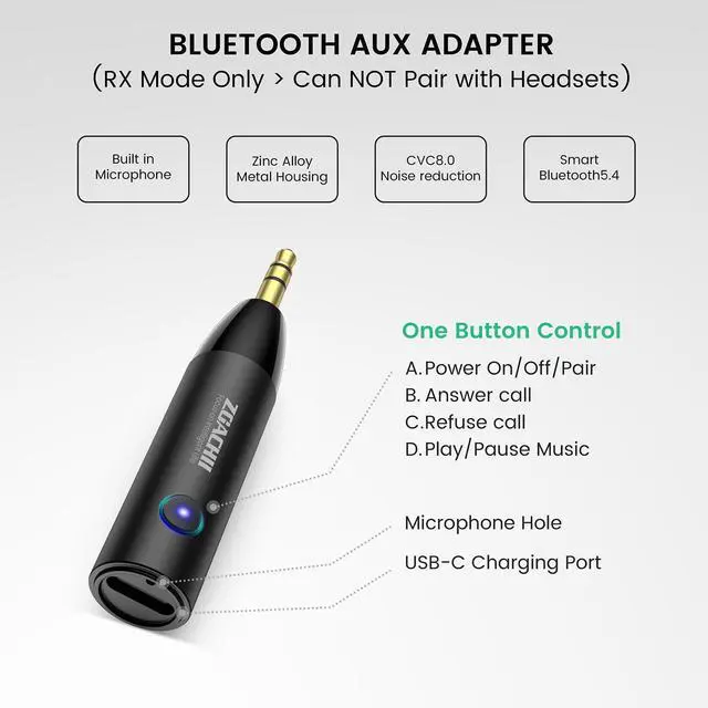 Alt view image 4 of 6 - Bluetooth 5.4 Aux Car Adapter, 3.5mm Wireless Receiver, 1 Pack | 6 Hours Play Time, Hands-Free Calling, Sturdy Metal Case, CVC 8.0 Noise Reduction, Dual Links, HiFi Music for Home Speakers