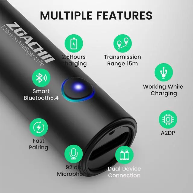 Alt view image 5 of 6 - Bluetooth 5.4 Aux Car Adapter, 3.5mm Wireless Receiver, 1 Pack | 6 Hours Play Time, Hands-Free Calling, Sturdy Metal Case, CVC 8.0 Noise Reduction, Dual Links, HiFi Music for Home Speakers