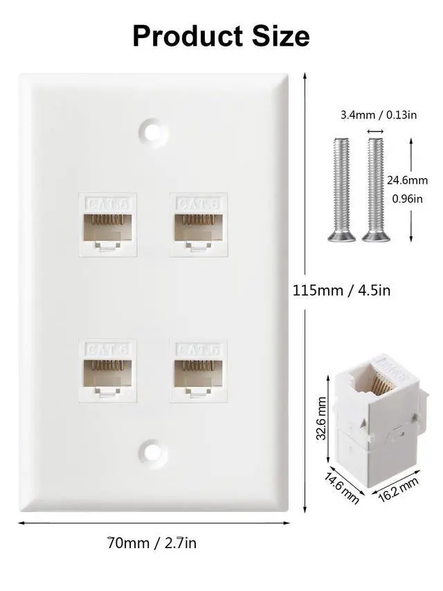 Alt view image 2 of 6 - Ethernet Wall Plate, 4 Port Cat6 RJ45 Keystone Inline Coupler Wall Plate for Cat7/6/5/5e Ethernet Devices - White