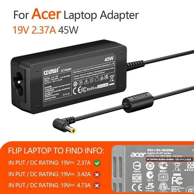 Alt view image 3 of 6 - 45W AC Adapter Charger for Acer Laptop Chanrger, 19V 2.37A, 5.5x1.7mm Tip | for Acer Laptop Adaptor Aspire P255 v15 5750 1400 A045R021L for Aspire 3/5 Series Power Supply