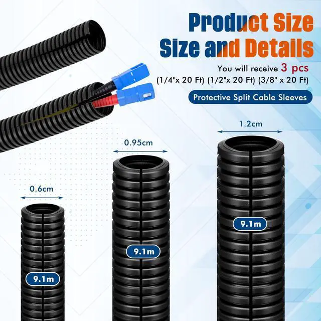 Alt view image 5 of 6 - 1/4, 3/8, 1/2 x 20ft Split Wire Loom Tubing with Installation Tool Wire Loom Assortment Split Cable Sleeves Bulk Flexible Electrical Conduit Protective Kit