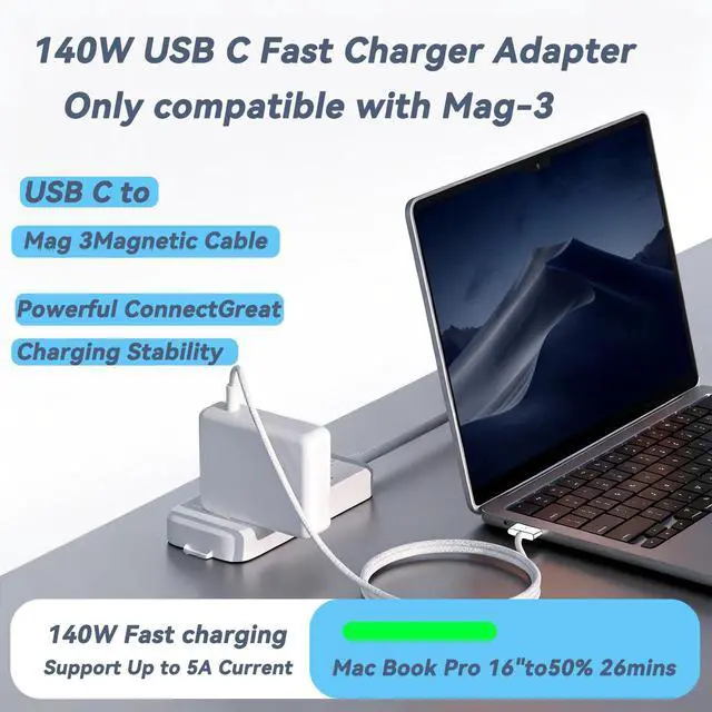 Alt view image 2 of 6 - 140W MacBook Pro Charger for MacBook Pro 16 14 inch MacBook Air 15 13 inch 2025 2024 2023 2022 2021 M1M4 Type-C Fast Laptop Charger Power Adapter 6.6FT Type C to Magnetic 3 Cable LED