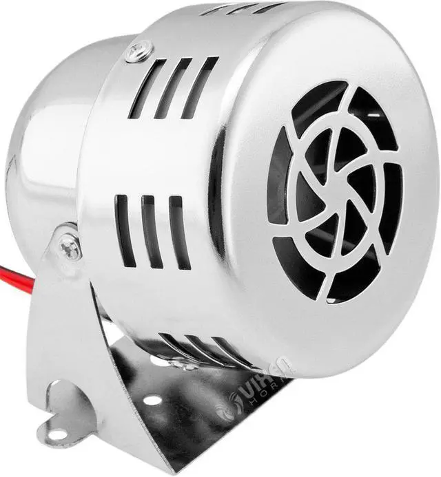 Main image of 12V Electric Air Raid Siren, Mini Motor-Driven Alarm, Chrome Loud Compact Siren Horn, Long-Range Sound for Vehicle/Property Alerts, Durable Metal Housing, Easy 2-Wire Install, VXS-9060C