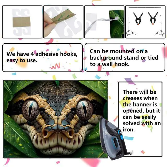 Alt view image 5 of 6 - Reptile Snake Banner Cobra Sign Backdrop Decorations for Jungle Wilderness Reptile Theme Birthday Party Photography Background Room Decor Supplies Favors