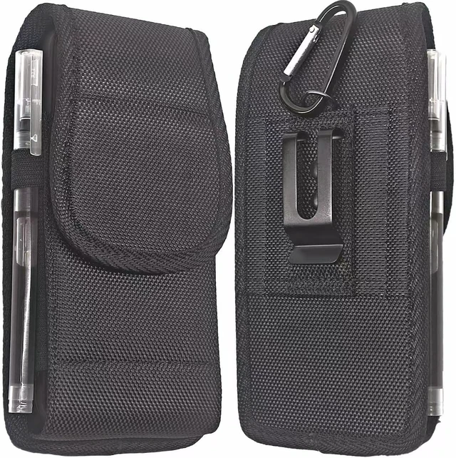 Main image of Cell Phone Holster for iPhone 17/16/15/14/13/12 Pro Max & Plus Galaxy S24/S23/S22 +Plus&FE Phone Belt with Clip Rugged Nylon Carrying Pouch w Card Holder (Fits Cover on) Black (Large)