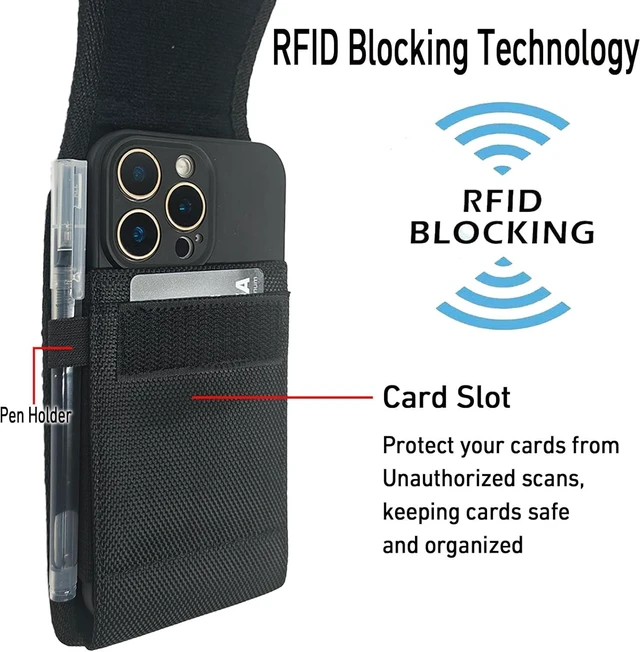 Alt view image 3 of 7 - Cell Phone Holster for iPhone 17/16/15/14/13/12 Pro Max & Plus Galaxy S24/S23/S22 +Plus&FE Phone Belt with Clip Rugged Nylon Carrying Pouch w Card Holder (Fits Cover on) Black (Large)