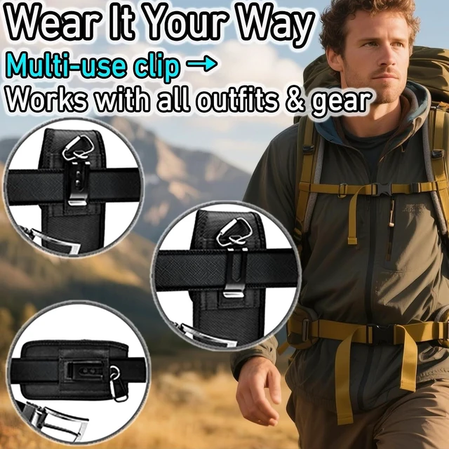 Alt view image 4 of 7 - Cell Phone Holster for iPhone 17/16/15/14/13/12 Pro Max & Plus Galaxy S24/S23/S22 +Plus&FE Phone Belt with Clip Rugged Nylon Carrying Pouch w Card Holder (Fits Cover on) Black (Large)