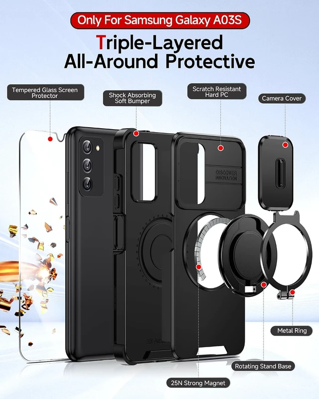 Alt view image 3 of 6 - for Galaxy A03s Phone Case: Slide Camera Cover and Ring Stand Black