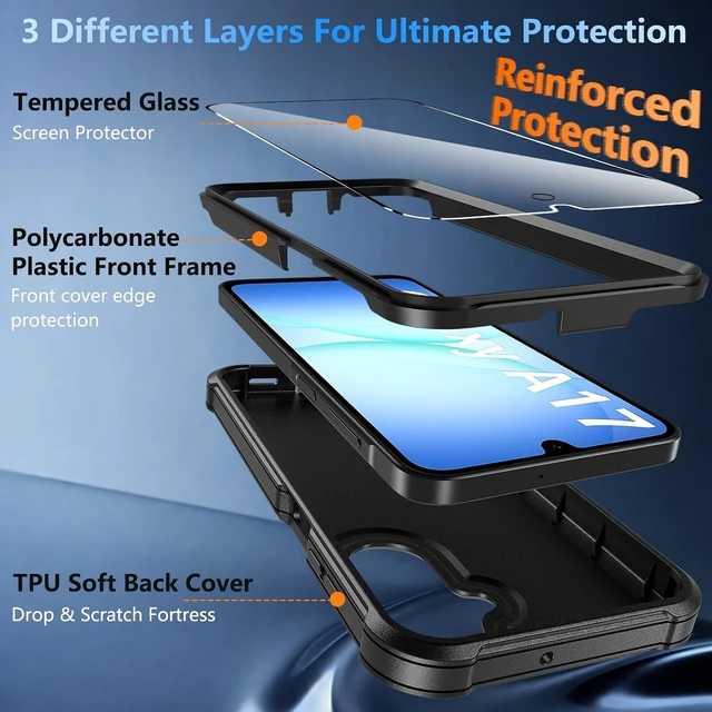 Alt view image 4 of 7 - for Galaxy A17 5G Phone Case with Screen Protector Heavy Duty Military Shockproof Full Body Durable TPU Protective Cover Case for A17 5G (Black)