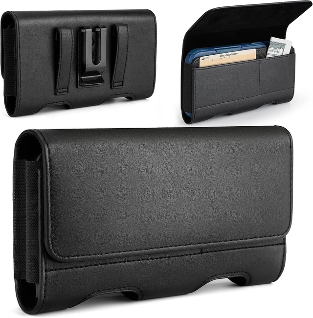 Main image of Leather Phone Holster with Heavy Duty Metal Belt Clip and Card Holder Compatible with iPhone 17/16/15/14/13 Pro Max 17 Air and Galaxy S26/S25/S24/S23/S22 Plus and FE - Black