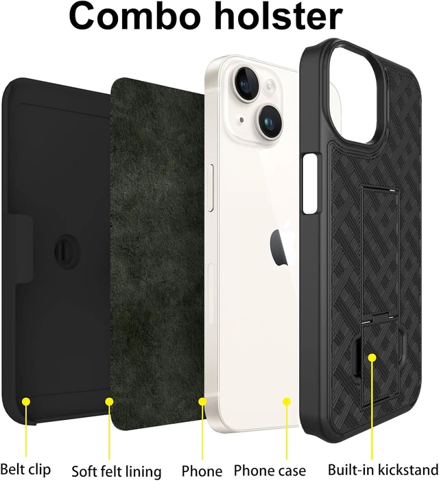 Alt view image 3 of 7 - for iPhone 15 Stand Case Belt Clip Holster Screen Protector-Black