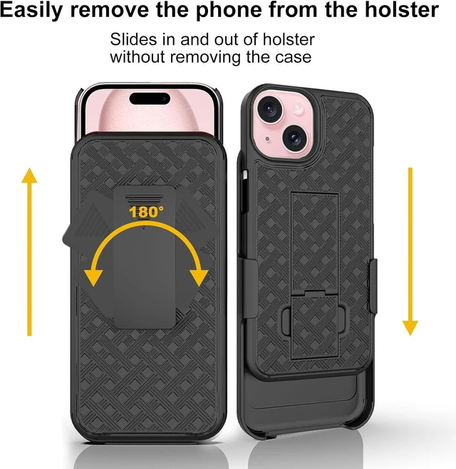 Alt view image 7 of 7 - for iPhone 15 Stand Case Belt Clip Holster Screen Protector-Black
