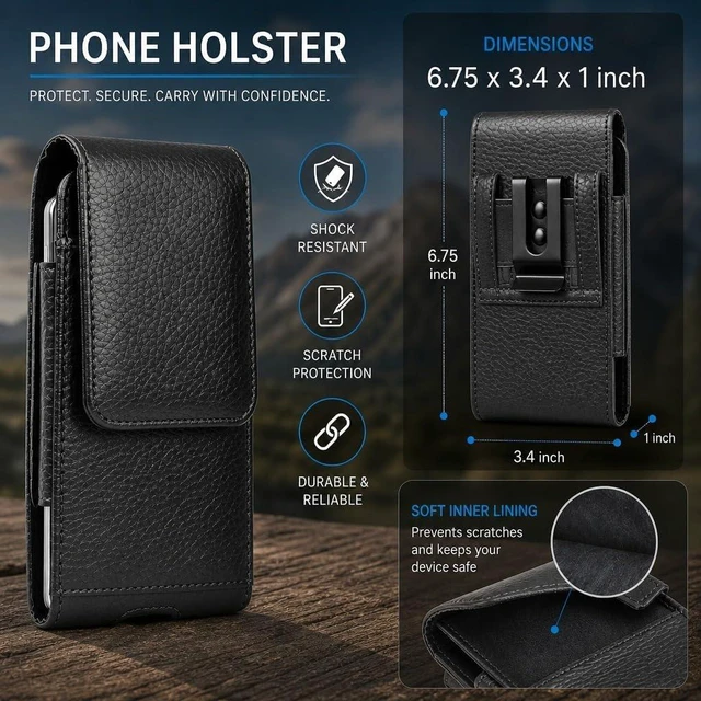 Alt view image 2 of 6 - Phone Holster for Galaxy S25 Ultra S24 Plus S23 S22 S21 S20 FE 5G S10 A17 A16 A15 A14 A13 A35 A26 A36 A56 A51 A71 5G Note 20 J7 J3 Leather Cell Phone Pouch Belt Clip Holder Case Black