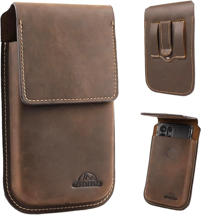 Main image of Topstache Leather Phone Holster - Belt Clip Leather Belt Pouch for iPhone 17/16/15 Pro Max & Plus - Magnetic Closure Flip Cell Phone Case for Galaxy S25/S24/S23 Ultra & Plus XL Darkbrown