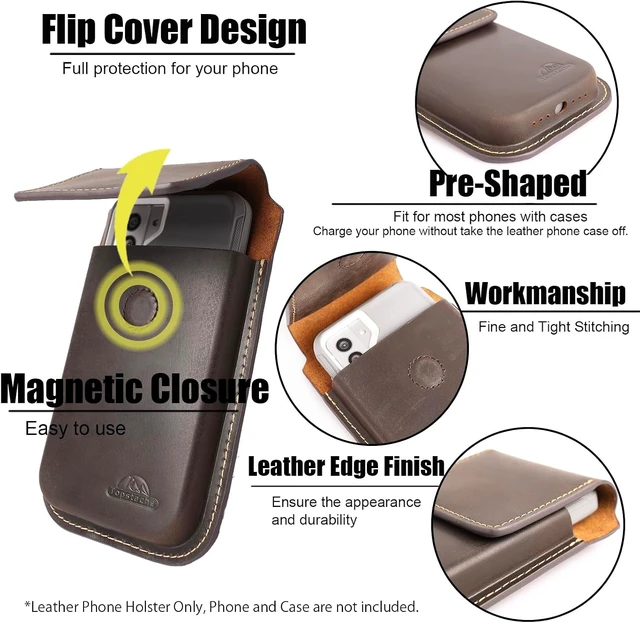 Alt view image 4 of 5 - Topstache Leather Phone Holster - Belt Clip Leather Belt Pouch for iPhone 17/16/15 Pro Max & Plus - Magnetic Closure Flip Cell Phone Case for Galaxy S25/S24/S23 Ultra & Plus XL Darkbrown