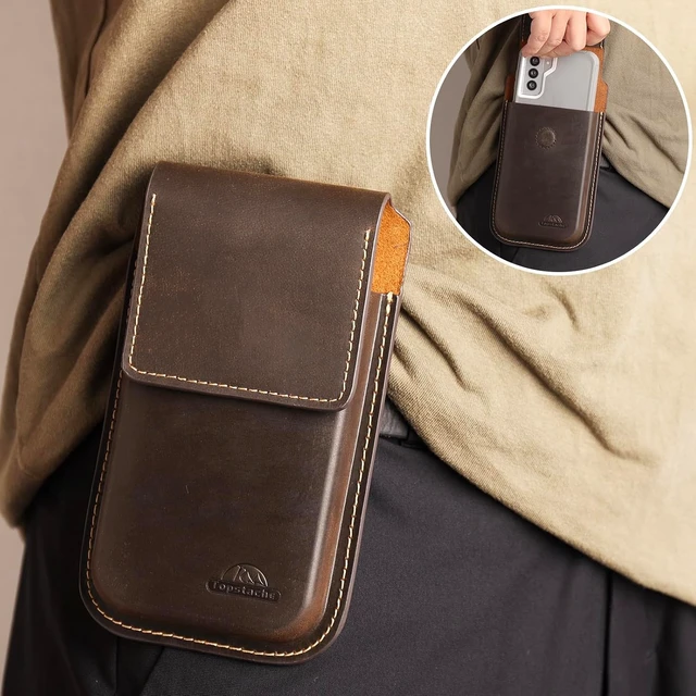 Alt view image 2 of 5 - Topstache Leather Phone Holster - Belt Clip Leather Belt Pouch for iPhone 17/16/15 Pro Max & Plus - Magnetic Closure Flip Cell Phone Case for Galaxy S25/S24/S23 Ultra & Plus XL Darkbrown