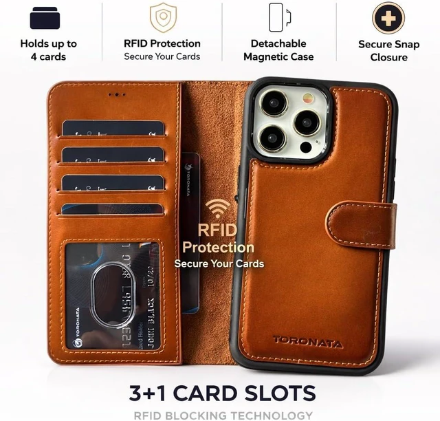 Alt view image 2 of 7 - Vegas Wallet Phone Case Compatible with iPhone 15 Plus 6.7in Elegant Full-Grain Leather Phone Case Wallet Card Holder Wallet RFID Blocking with Kickstand Card Slots (Tan)