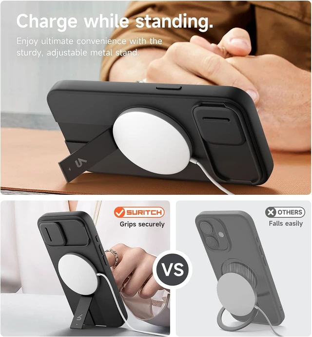 Alt view image 5 of 7 - for iPhone 17e/16e Case with Magnetic Camera Slide Cover and Adjustable Kickstand Compatible with MagSafe Shockproof Bumper Case Slim Protective Cover 6.1 Inch Black