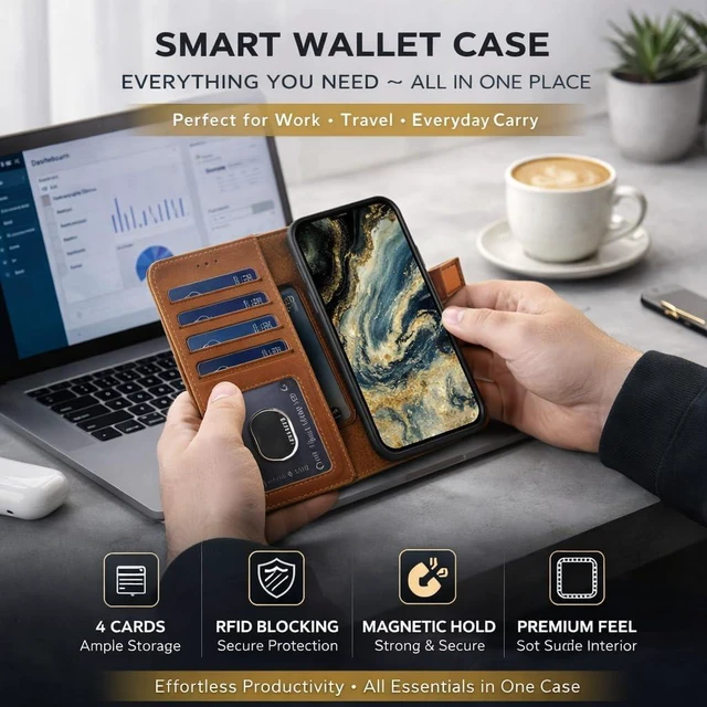 Alt view image 7 of 7 - Vegas Wallet Phone Case Compatible with iPhone 15 Plus 6.7in Elegant Full-Grain Leather Phone Case Wallet Card Holder Wallet RFID Blocking with Kickstand Card Slots (Tan)