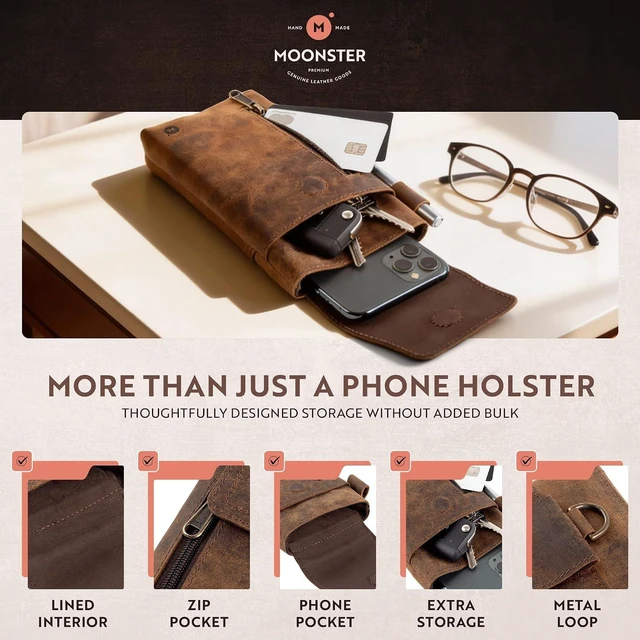 Alt view image 3 of 7 - Moonster Leather Phone Holster Vertical Brown Full-Grain Buffalo Leather