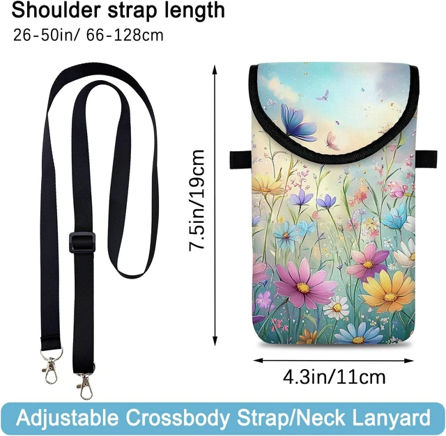 Alt view image 2 of 6 - Neoprene Cell Phone Sleeve Pouch Case Bag with Crossbody Strap Neck Lanyard for Women 7.5 X 4.3 in Colorful Flowers