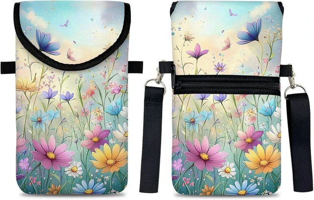 Main image of Neoprene Cell Phone Sleeve Pouch Case Bag with Crossbody Strap Neck Lanyard for Women 7.5 X 4.3 in Colorful Flowers