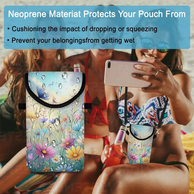 Alt view image 5 of 6 - Neoprene Cell Phone Sleeve Pouch Case Bag with Crossbody Strap Neck Lanyard for Women 7.5 X 4.3 in Colorful Flowers