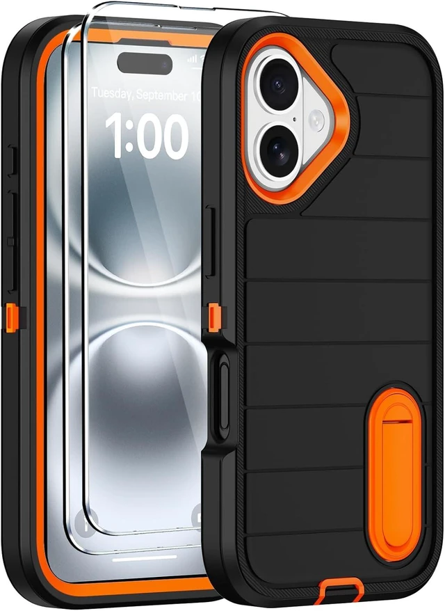Main image of for iPhone 16 Case with Screen Protector Heavy Duty Shockproof Drop Protection Military Grade Tri-Layer Full Covered Rugged Durable Cell Phone Cover with Built-in Invisible Kickstand (Black Orange)