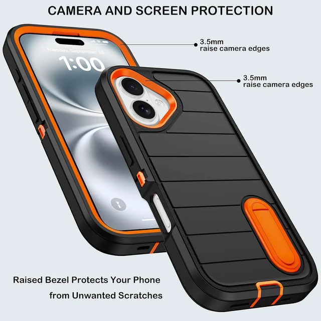Alt view image 2 of 7 - for iPhone 16 Case with Screen Protector Heavy Duty Shockproof Drop Protection Military Grade Tri-Layer Full Covered Rugged Durable Cell Phone Cover with Built-in Invisible Kickstand (Black Orange)