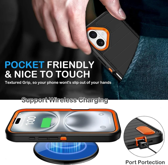 Alt view image 6 of 7 - for iPhone 16 Case with Screen Protector Heavy Duty Shockproof Drop Protection Military Grade Tri-Layer Full Covered Rugged Durable Cell Phone Cover with Built-in Invisible Kickstand (Black Orange)