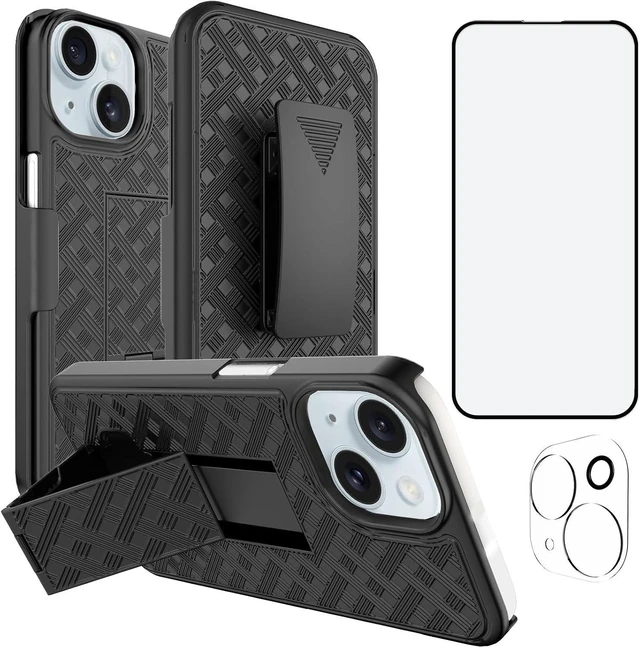 Main image of for iPhone 15 Stand Case Belt Clip Holster Screen Protector-Black