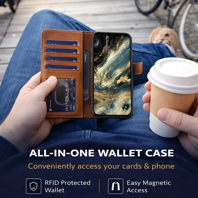 Alt view image 6 of 7 - Vegas Wallet Phone Case Compatible with iPhone 15 Plus 6.7in Elegant Full-Grain Leather Phone Case Wallet Card Holder Wallet RFID Blocking with Kickstand Card Slots (Tan)