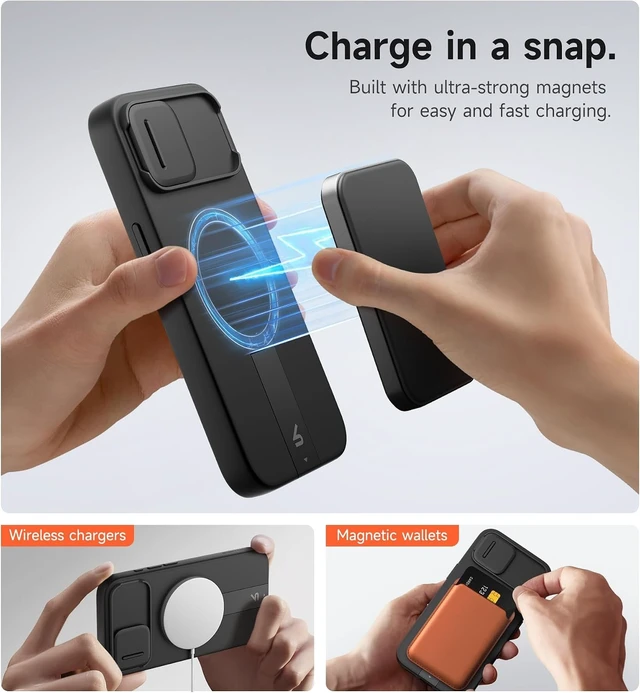 Alt view image 3 of 7 - for iPhone 17e/16e Case with Magnetic Camera Slide Cover and Adjustable Kickstand Compatible with MagSafe Shockproof Bumper Case Slim Protective Cover 6.1 Inch Black