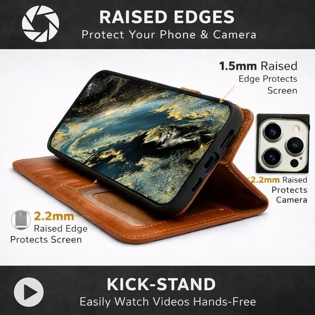 Alt view image 4 of 7 - Vegas Wallet Phone Case Compatible with iPhone 15 Plus 6.7in Elegant Full-Grain Leather Phone Case Wallet Card Holder Wallet RFID Blocking with Kickstand Card Slots (Tan)