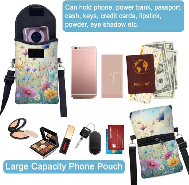Alt view image 6 of 6 - Neoprene Cell Phone Sleeve Pouch Case Bag with Crossbody Strap Neck Lanyard for Women 7.5 X 4.3 in Colorful Flowers