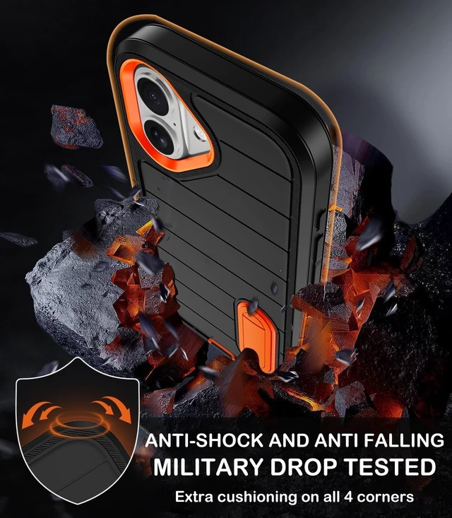 Alt view image 4 of 7 - for iPhone 16 Case with Screen Protector Heavy Duty Shockproof Drop Protection Military Grade Tri-Layer Full Covered Rugged Durable Cell Phone Cover with Built-in Invisible Kickstand (Black Orange)