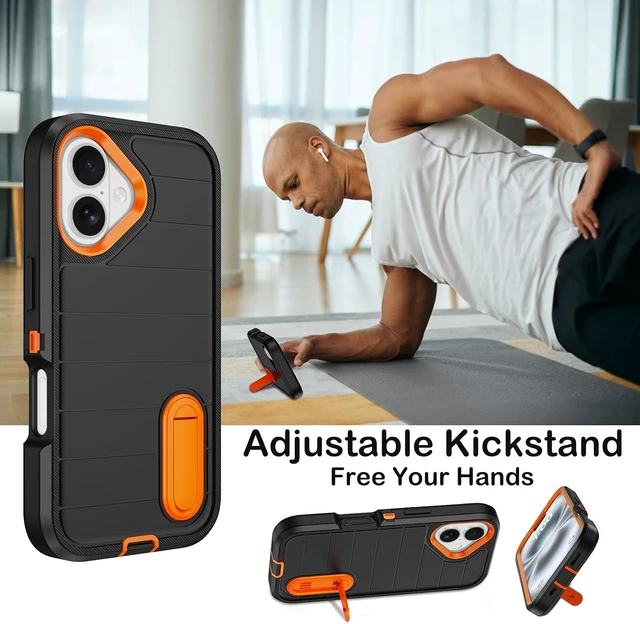 Alt view image 5 of 7 - for iPhone 16 Case with Screen Protector Heavy Duty Shockproof Drop Protection Military Grade Tri-Layer Full Covered Rugged Durable Cell Phone Cover with Built-in Invisible Kickstand (Black Orange)