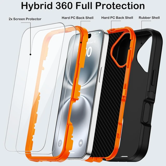 Alt view image 3 of 7 - for iPhone 16 Case with Screen Protector Heavy Duty Shockproof Drop Protection Military Grade Tri-Layer Full Covered Rugged Durable Cell Phone Cover with Built-in Invisible Kickstand (Black Orange)
