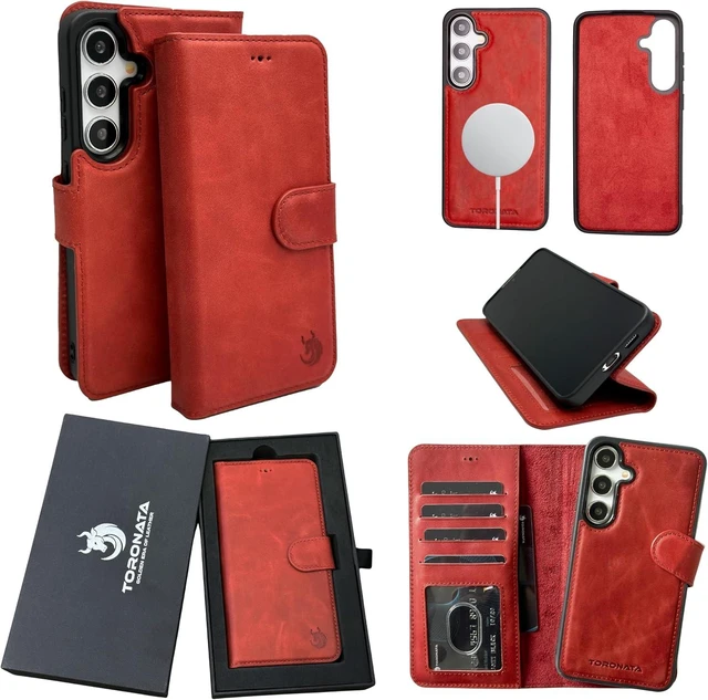 Main image of Nevada Galaxy S24 Leather Wallet Case - Luxury S24 Case with Kickstand Card Slots - Handcrafted Anti Scratch RFID Leather Wallet (Red)