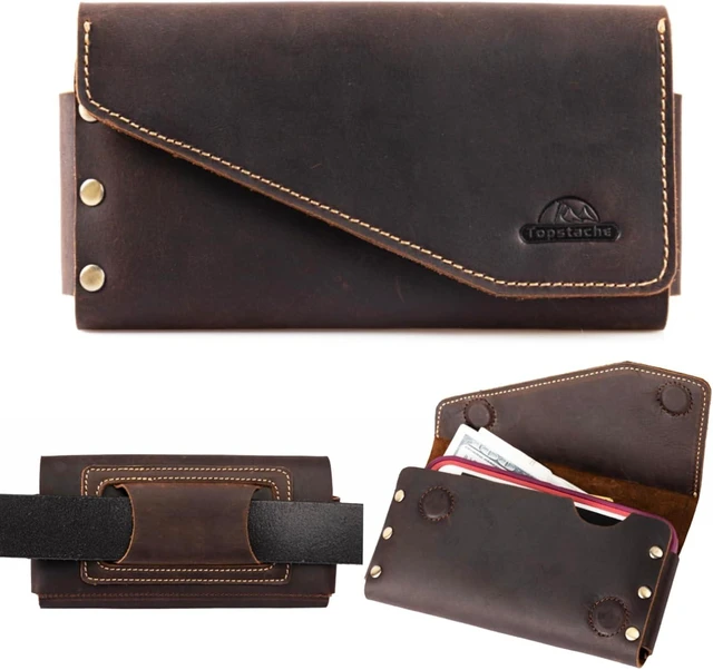Main image of Topstache Leather Phone Holster for iPhone 17/16/15 Pro Max Galaxy S25/S24 Ultra - Belt Loop Cell Phone Case - Leather Card Holder Wallet Belt Pouch - Fit Protective Case on XL Darkbrown