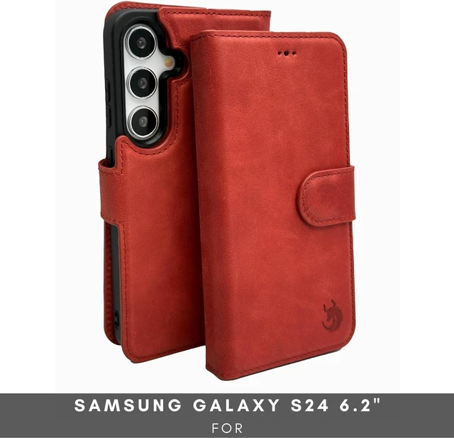 Alt view image 2 of 7 - Nevada Galaxy S24 Leather Wallet Case - Luxury S24 Case with Kickstand Card Slots - Handcrafted Anti Scratch RFID Leather Wallet (Red)