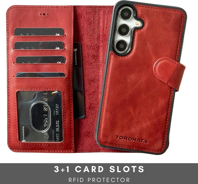 Alt view image 3 of 7 - Nevada Galaxy S24 Leather Wallet Case - Luxury S24 Case with Kickstand Card Slots - Handcrafted Anti Scratch RFID Leather Wallet (Red)