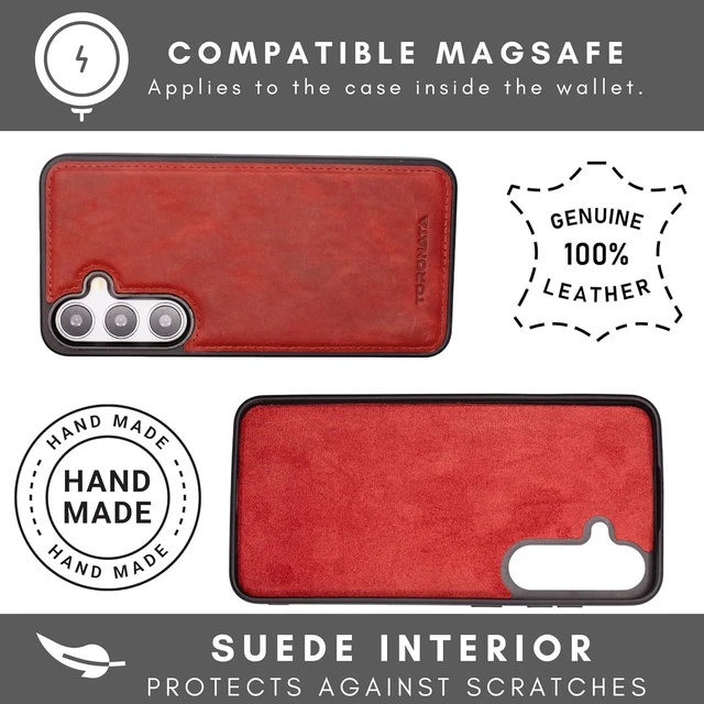 Alt view image 4 of 7 - Nevada Galaxy S24 Leather Wallet Case - Luxury S24 Case with Kickstand Card Slots - Handcrafted Anti Scratch RFID Leather Wallet (Red)