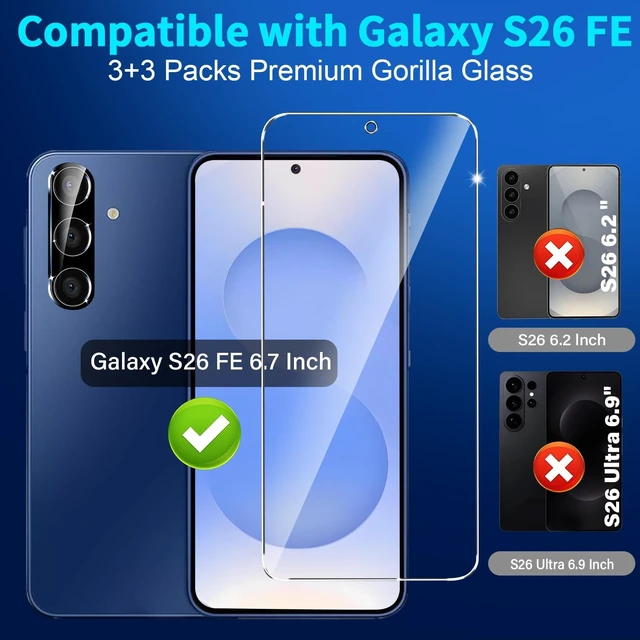 Alt view image 2 of 7 - 3 Pack for Galaxy S26 FE Screen Protector Tempered Glass + 3 Pack Camera Lens Protector Military Grade Shatterproof 9H Hardness Fingerprint Unlock Case Friendly 6.7 Inch