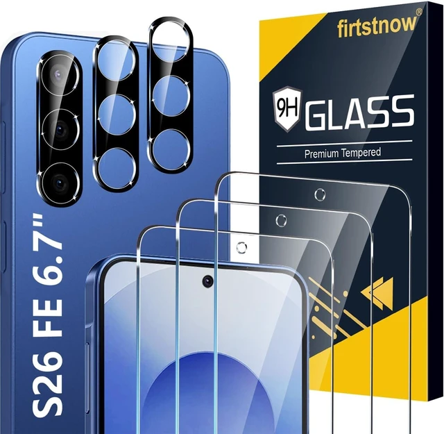 Main image of 3 Pack for Galaxy S26 FE Screen Protector Tempered Glass + 3 Pack Camera Lens Protector Military Grade Shatterproof 9H Hardness Fingerprint Unlock Case Friendly 6.7 Inch