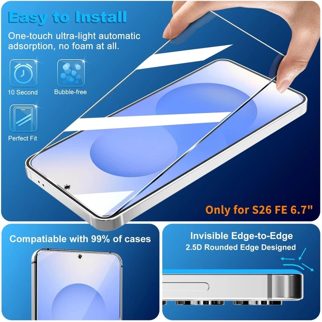 Alt view image 4 of 7 - 3 Pack for Galaxy S26 FE Screen Protector Tempered Glass + 3 Pack Camera Lens Protector Military Grade Shatterproof 9H Hardness Fingerprint Unlock Case Friendly 6.7 Inch
