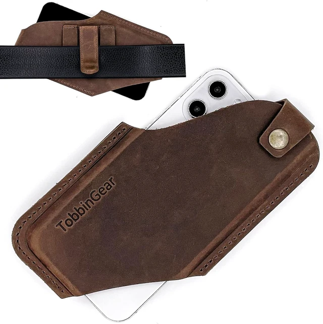 Main image of Leather Cell Phone Holster with Belt Clip Universal Phone Holster for Men Belt Holder Leather Case for iPhone Galaxy Phones Dark Brown Large