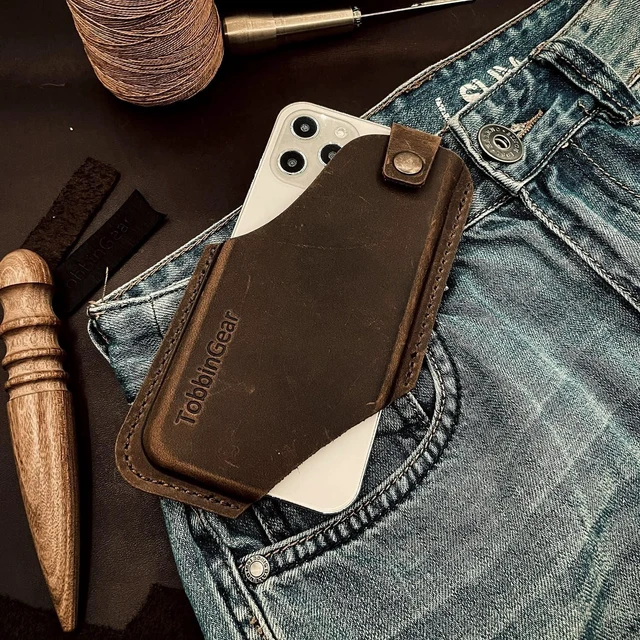 Alt view image 6 of 6 - Leather Cell Phone Holster with Belt Clip Universal Phone Holster for Men Belt Holder Leather Case for iPhone Galaxy Phones Dark Brown Large