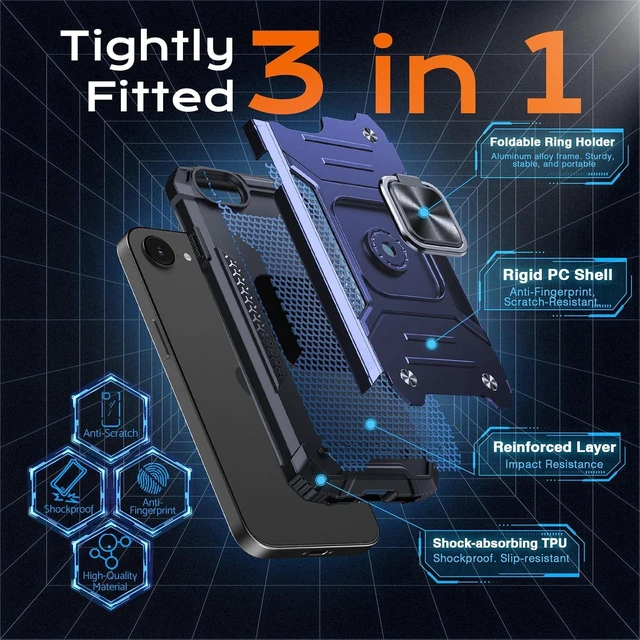 Alt view image 5 of 7 - Heavy Duty Case for iPhone 17e/16e Case with Enhanced Ring Holder Grip Stand Military Grade Shockproof Rugged Drop Protective Silicone Hard Slim iPhone 17e/16e Phone Case Cover Vivid Blue