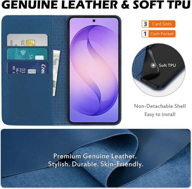 Alt view image 3 of 7 - Genuine Leather Wallet Case for Galaxy S26FE 6.7 Royal Blue